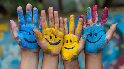 Group of Childrens Hands Painted With Smiley Faces