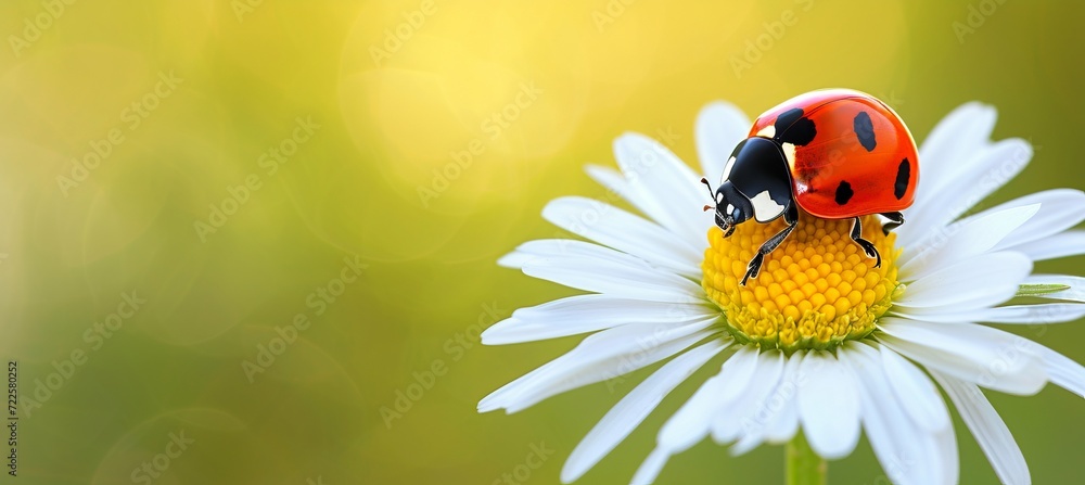 Poster ladybug on white flower, bright spring minimalistic abstract background with copy space