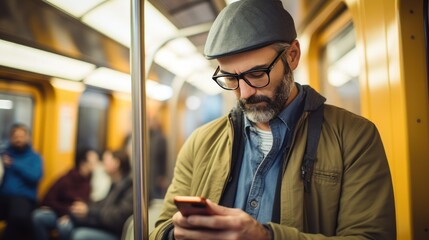 Mid adult man is using a smartphone in public transportation