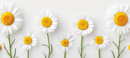 Obraz premium Daisy petals scattered on monochrome background, top view flat lay for aesthetic design concept