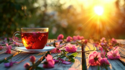 Warm Tea Glow with Sunset and Blooming Rose Backdrop - obrazy, fototapety, plakaty