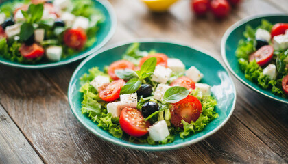 Greek salad with ripe tomatoes and creamy feta cheese, showcasing the essence of Mediterranean cuisine in a colorful and appetizing composition