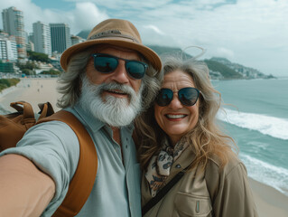 Adventurous senior couple taking a selfie on the beachfront