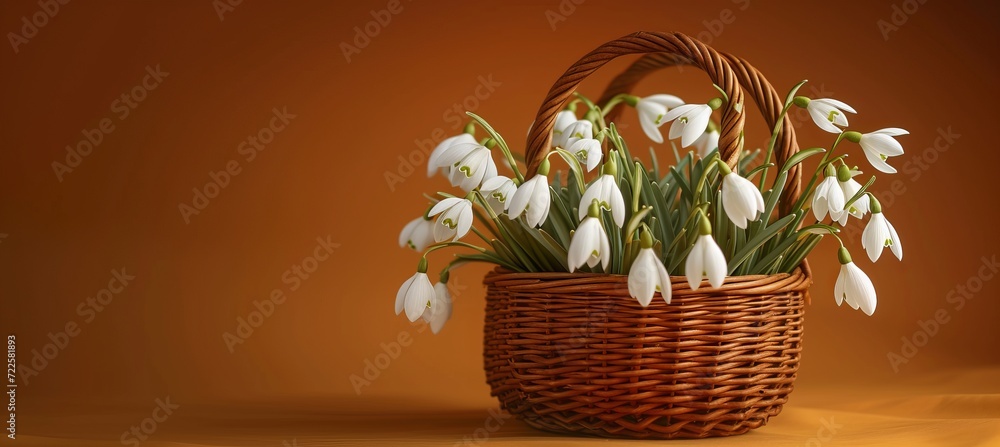 Aufkleber white basket of snowdrops isolated on yellow spring background with copy space for text placement