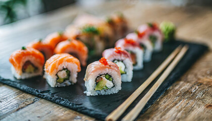 sushi set, featuring assorted sashimi and sushi rolls elegantly arranged on a sleek stone slate, epitomizing culinary artistry and Japanese gastronomic delight