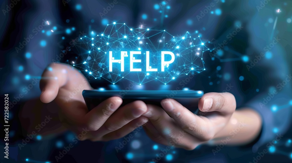 Poster glowing interactive holographic help text icon displayed over a mobile phone in hands