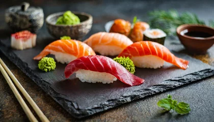 Foto op Plexiglas sushi set, featuring assorted sashimi and sushi rolls elegantly arranged on a sleek stone slate, epitomizing culinary artistry and Japanese gastronomic delight © Your Hand Please
