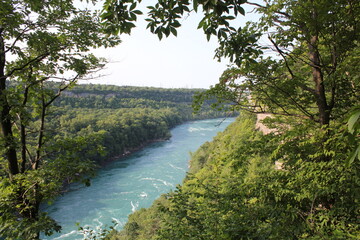 a view of the rushing river from a wooden hiking trail hillside
