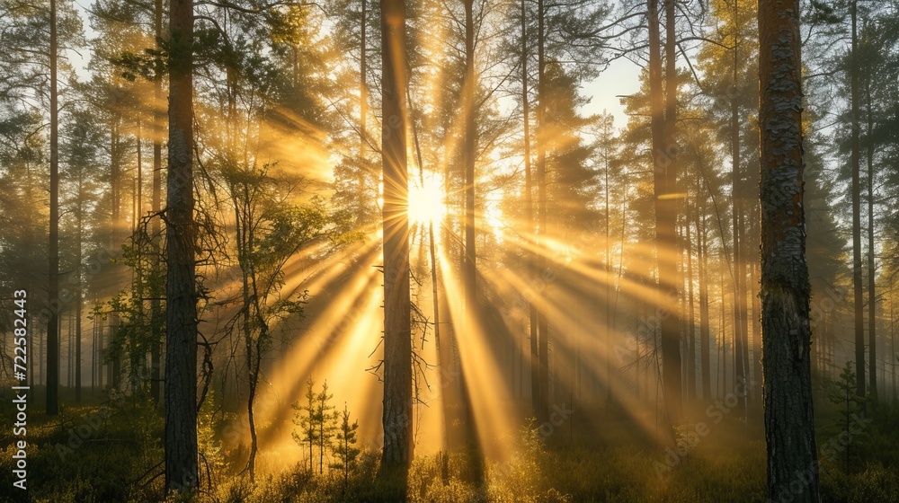 Aufkleber enchanting silent forest in spring with beautiful sun rays casting a magical background