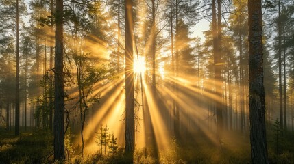 Enchanting silent forest in spring with beautiful sun rays casting a magical background