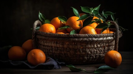 Fresh Orange Fruits in a bamboo basket with blur background
