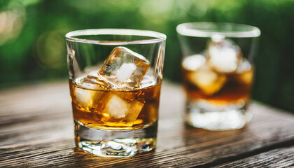 glass of whiskey with ice cubes on a rustic wooden background, evoking warmth and relaxation