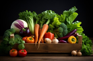 Hearty wooden crate of mixed vegetables
