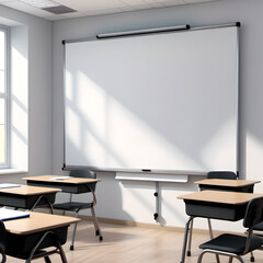 Ein Modernes erfrischendes, leeres Klassenzimmer mit einem großen weißen Whiteboard (Tafel)  Bunt aber schlicht.