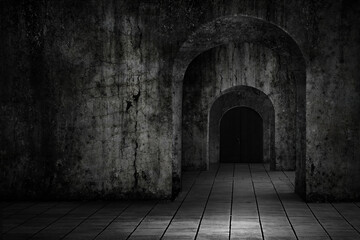 The background features an old, grungy, and rough-textured concrete wall, and a multi-tiered arched passage door leading into dark areas. A dim light on the block concrete floor, the concept of fear  - obrazy, fototapety, plakaty