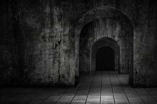 The background features an old, grungy, and rough-textured concrete wall, and a multi-tiered arched passage door leading into dark areas. A dim light on the block concrete floor, the concept of fear 