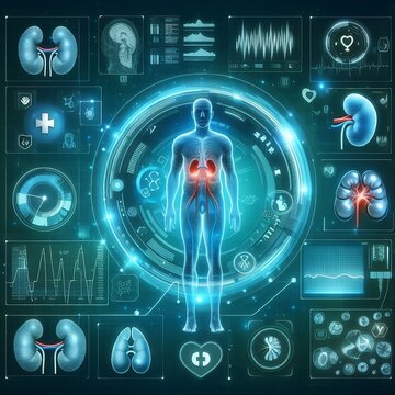 futuristic medical research or kidney health care with diagnosis or vitals infographic biometrics for clinical and hospital kidney dialysis or kidneys stone disease ultrasound generative ai