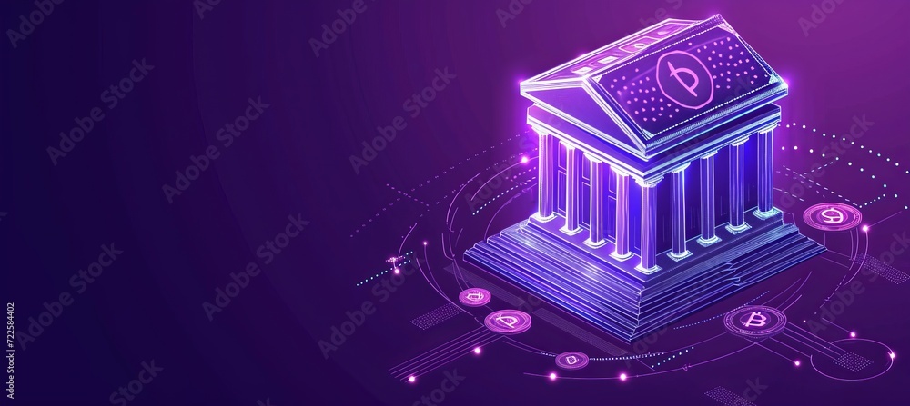 Poster interactive holographic banking icons with copy space for text placement and a futuristic aesthetic