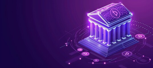 Fototapeta premium Interactive holographic banking icons with copy space for text placement and a futuristic aesthetic