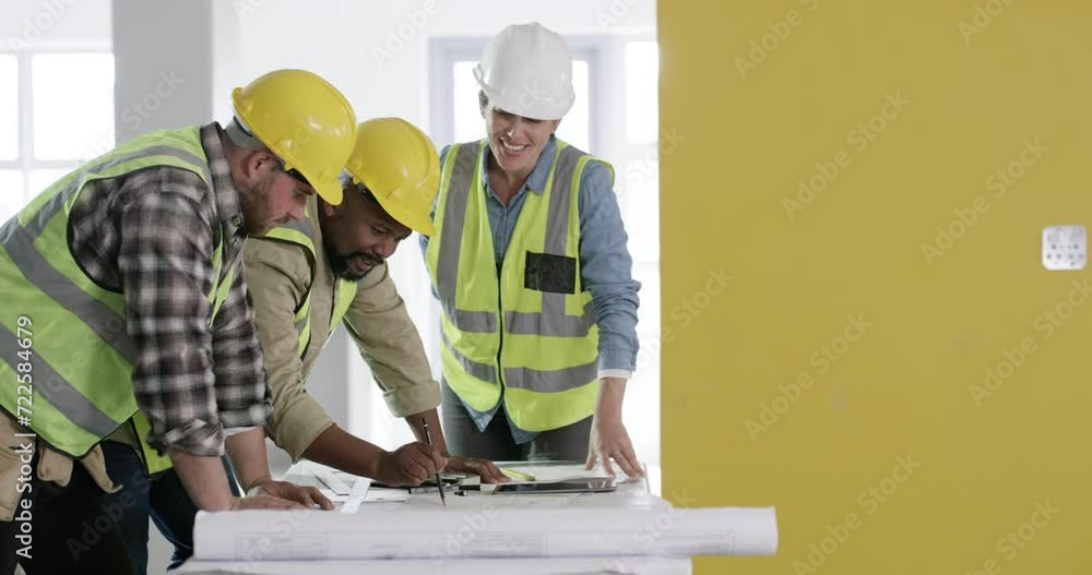 Poster Architecture team, blueprint planning and construction site ideas, solution or building development. Project manager, group or people with floor plan, writing and brainstorming for engineering design