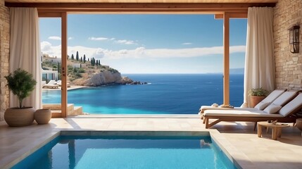 Mediterranean view and landscape from house, pool and sunbeds, beautiful sea view, greece travel and tourism concept, greece style created with generative ai