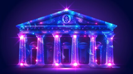 Interactive holographic display of shining banking icons in vibrant presentation