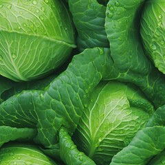Fototapeta premium Fresh shiny green cabbage with water droplets on seamless background healthy vegetable pattern