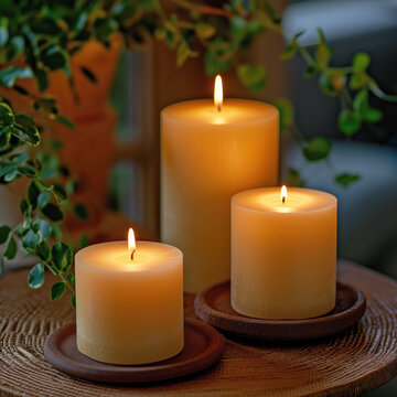 A serene setting of three lit candles of varying heights, casting a warm glow, nestled amidst the gentle embrace of lush green leaves.