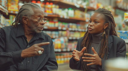 An older man in the grocery store being helped by a young woman who could be his daughter. 
