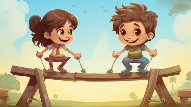Two vector cartoon kids on a seesaw at the playground.