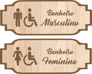 Banheiro Masculino e Feminino em Moldura. Arte retangular com textura de madeira rosa, com detalhes em marrom.