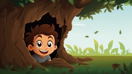 A vector cartoon kid playing hide and seek behind a tree.