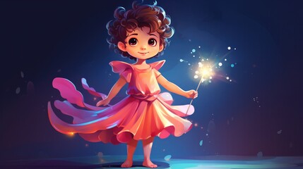 A vector cartoon kid in a fairy costume, with a magic wand.