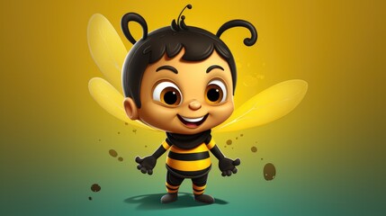 A vector cartoon kid in a bee costume, buzzing around with a smile.