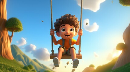 A 3D cartoon kid swinging high on a playground swing.
