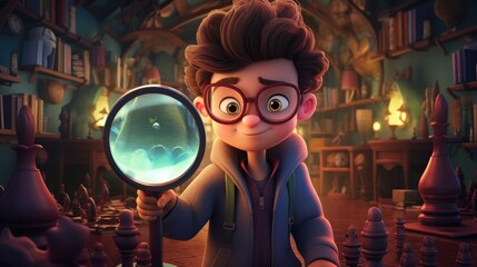 A 3D cartoon kid sleuthing with an absurdly large magnifying glass to solve mysteries. - obrazy, fototapety, plakaty