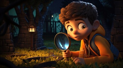 A 3D cartoon kid sleuthing with an absurdly large magnifying glass to solve mysteries.
 - obrazy, fototapety, plakaty