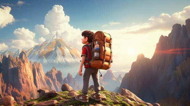 A 3D cartoon kid with a massive backpack, embarking on a colossal mountain hike.