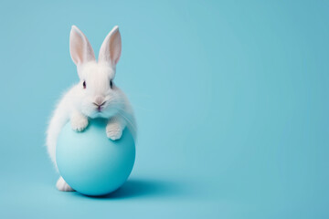White bunny with blue egg. Minimalistic design for Easter poster, banner, advertising