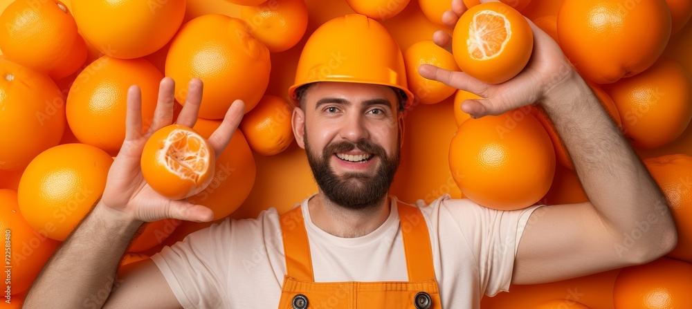Poster smiling construction worker in uniform and helmet with copy space for labour day text