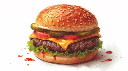Illustration of a hamburger with cheese, tomato, lettuce and cucumber, with ketchup splashes and white background. 
