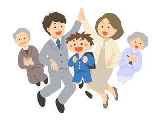 男の子の入学を祝う3世代家族のイラスト
