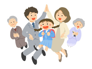 女の子の入学を祝う3世代家族のイラスト