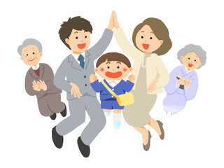 男の子の入園を祝う3世代家族のイラスト
