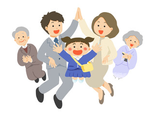 女の子の入園を祝う3世代家族のイラスト