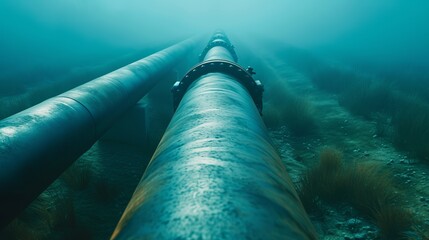 Underwater oil and gas pipeline infrastructure in blue ocean, subsea equipment on sea bottom - obrazy, fototapety, plakaty