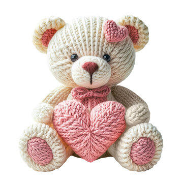 Knitted teddy bear with a heart made of wool isolated on a transparent background