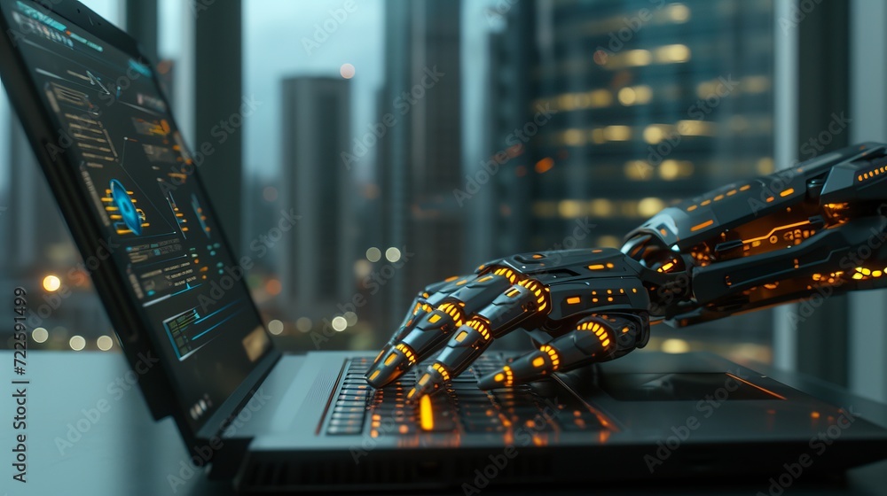 Poster artificial intelligence technology robot hand typing on laptop with glowing infographic lines