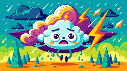Cartoon sad cloud with lightning in a rainy, stormy landscape