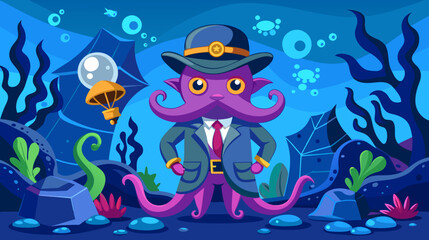 Cartoon octopus detective underwater adventure vector illustration